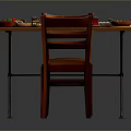 Delicious Assorted Foods On Wooden Dining Table With Plates Fresh Fruits Drinks And Chairs
