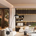 Modern Living Room Interior With Beige Sofa Coffee Table Bookshelf And Green Plants