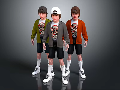 Three Boy Characters Wearing Colored Jackets Hats Black Shorts White Socks Sneakers T Shirt Prints 3d model