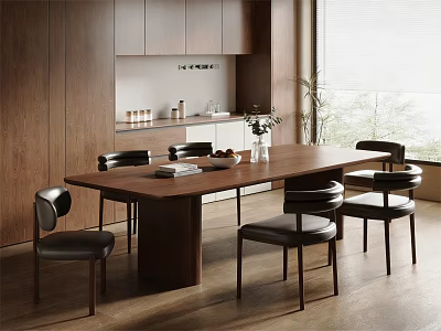 Modern Dining Table Set With Long Wooden Table And Black Leather Chairs In Open Kitchen 3d model