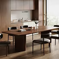 Modern Dining Table Set With Long Wooden Table And Black Leather Chairs In Open Kitchen