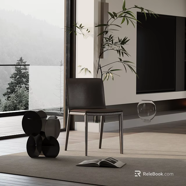Black Leather Accent Chair Metal Frame Bamboo Plant Large Window Mountain View Wooden Floor 3d model 