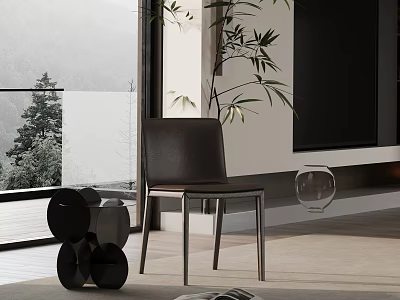 Black Leather Accent Chair Metal Frame Bamboo Plant Large Window Mountain View Wooden Floor 3d model
