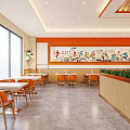 Bright Restaurant Interior Featuring Orange Chairs White Tables Mural Paintings Open Kitchen And Green Plants