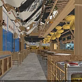 Warm Traditional Restaurant Interior With Wooden Structures Hanging Lanterns Green Plants And Seating Area