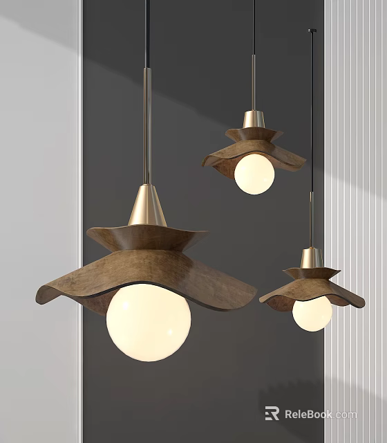 Stylish Pendant Lights With Wooden Shades And Brass Accents In Modern Interior 3d model 