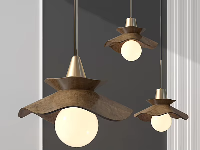 Stylish Pendant Lights With Wooden Shades And Brass Accents In Modern Interior 3d model