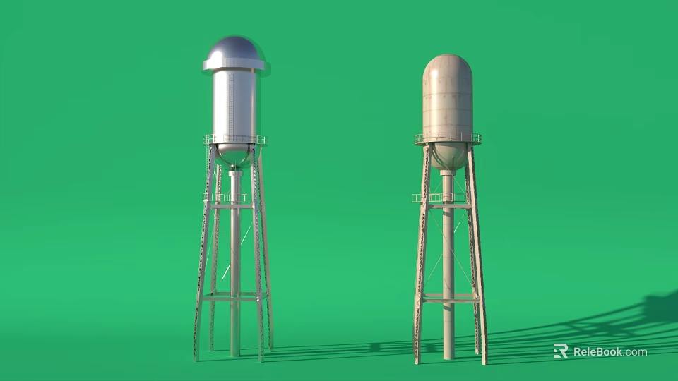 Two Water Towers Silver And Beige With Metal Supports Standing Against Green Background 3d model 