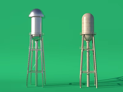 Two Water Towers Silver And Beige With Metal Supports Standing Against Green Background 3d model