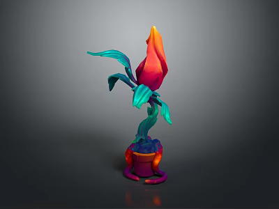 3D Cartoon Scene Featuring Colorful Flower With Green Leaves And Vibrant Pot 3d model
