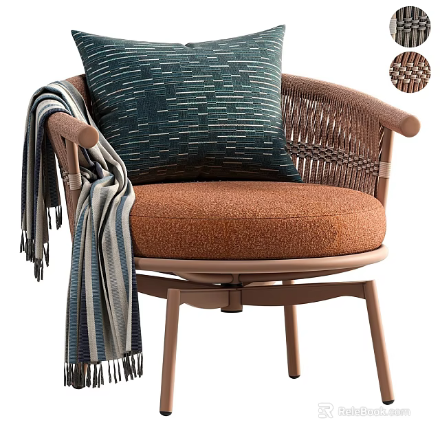 Lounge Chair With Wicker Armrests Orange Cushion Navy Blue Pillow And Striped Throw 3d model 