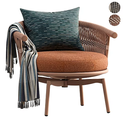 Lounge Chair With Wicker Armrests Orange Cushion Navy Blue Pillow And Striped Throw 3d model
