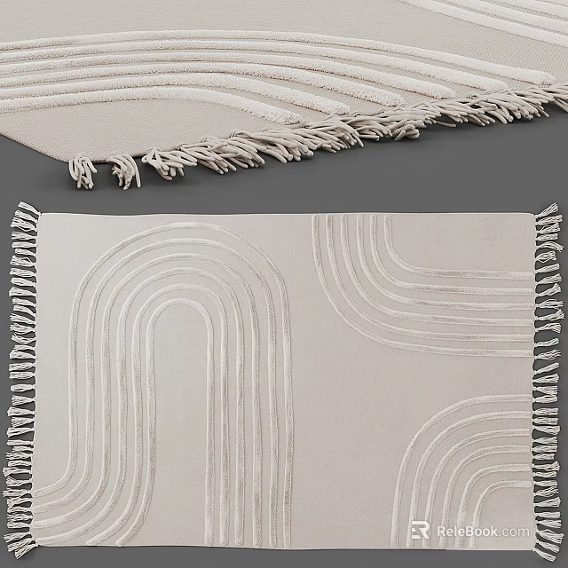 Square Rug With Geometric Arched Patterns And Light Beige Fringe Details 3d model 