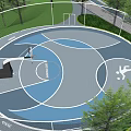 Residential Landscape Featuring Basketball Court Surrounded By Green Trees And Open Space