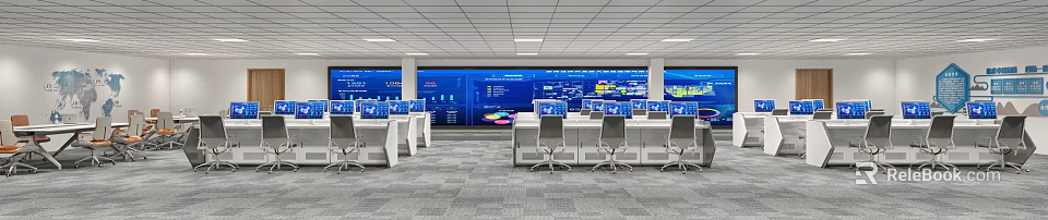 Modern Control Room Interior With Large Display Screens Multiple Monitors And Control Desks 3d model