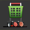 Green Shopping Cart With Red Handle And Various Colored Meat Pieces On Black Tray