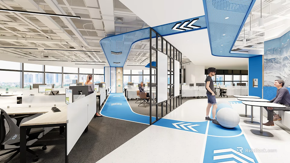 Modern Public Office Space With Open Layout Glass Partitions Blue Accents And Workstations 3d model 
