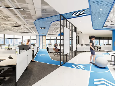 Modern Public Office Space With Open Layout Glass Partitions Blue Accents And Workstations 3d model