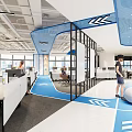 Modern Public Office Space With Open Layout Glass Partitions Blue Accents And Workstations