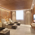 SPA Sauna Interior With Wooden Walls Ceiling Comfortable Loungers Soft Lighting Curtain And TV