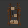 Classic Carved Wooden Bookcase With Shelves Stacked Books And Decorative Oil Lamp