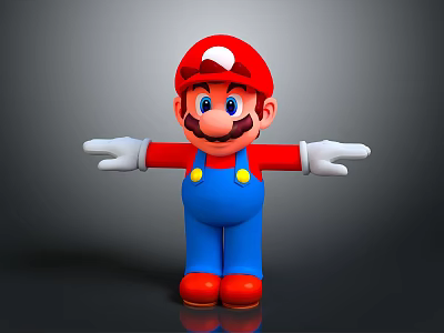 Game Character Mario With Red Hat Blue Overalls White Gloves Yellow Buttons and Outstretched Arms 3d model
