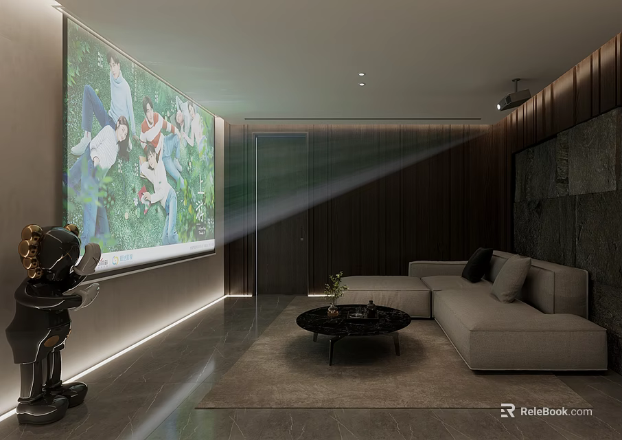 Modern Home Theater With Large Screen Animated Scene Wooden Walls And Gray Sofa 3d model 