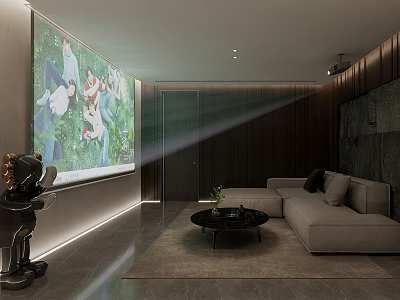 Modern Home Theater With Large Screen Animated Scene Wooden Walls And Gray Sofa 3d model