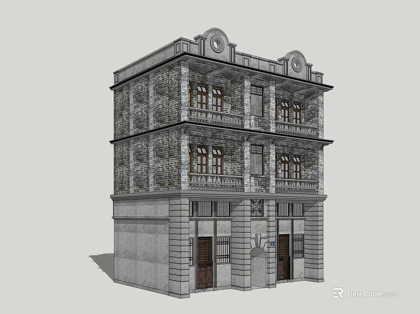 Classical Multi Story Commercial Complex With Stone Facade Balconies And Traditional Design 3d model 