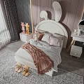 Kids Bed With Bunny Ear Headboard Pink Gray Pillows Blanket And Stuffed Toys Cozy Room
