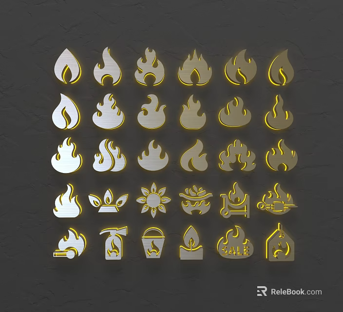 Decorative Flame Shaped Wall Decor Art in Gold and Silver Tones Arranged on Dark Background 3d model 