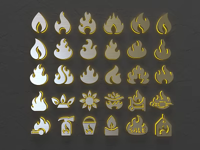 Decorative Flame Shaped Wall Decor Art in Gold and Silver Tones Arranged on Dark Background 3d model