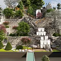 Courtyard Garden Design With Stone Wall Steps Lush Greenery Trees And Wooden Seating