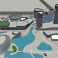 Modern Commercial Complex With High Rise Buildings Water Features And Green Spaces