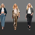 Three Blonde Female Models Walking In Fashionable Outfits Against Gray Background