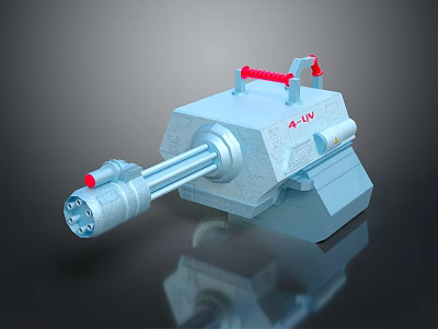 Gray Metallic Weapon Featuring Long Barrel Red Handles And LW Logo Mechanical Design 3d model