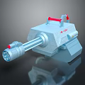 Gray Metallic Weapon Featuring Long Barrel Red Handles And LW Logo Mechanical Design