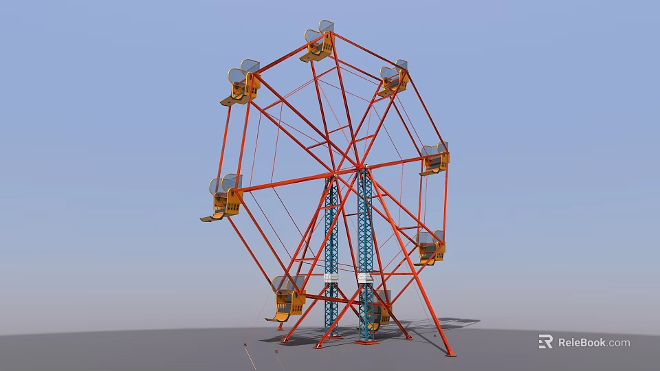 Entertainment Electrical Appliance Ferris Wheel With Rotating Red Frame And Multiple Yellow Cabins 3d model 