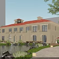 Sales Office Building With Red Roof Arched Doors By Water Pond And Green Plants