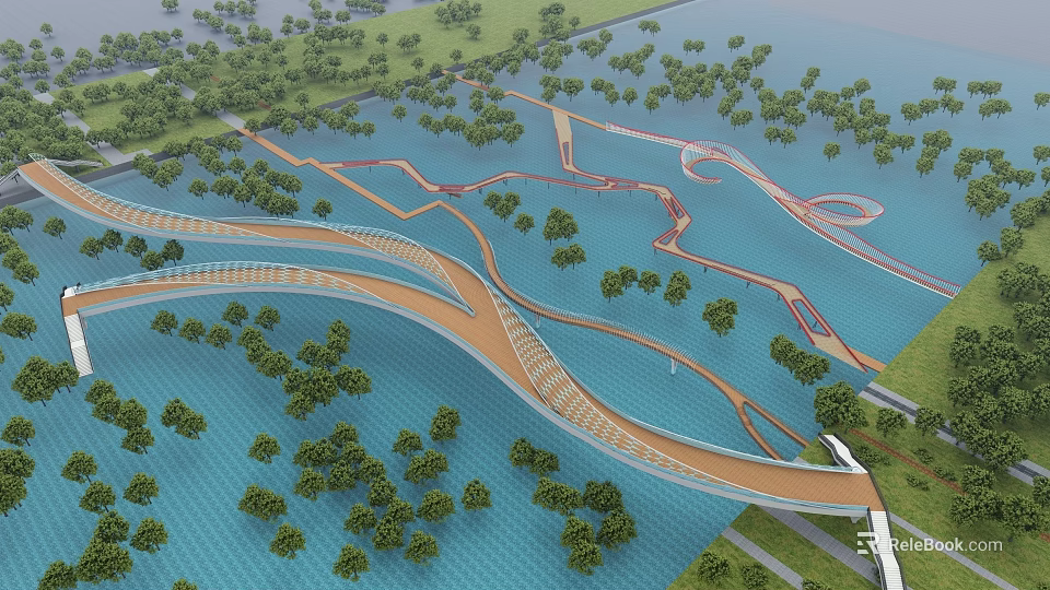 Scenic Winding Landscape Bridge With Waterfront Greenery And Curved Pathway 3d model 