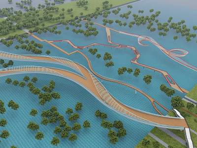 Scenic Winding Landscape Bridge With Waterfront Greenery And Curved Pathway 3d model