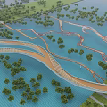 Scenic Winding Landscape Bridge With Waterfront Greenery And Curved Pathway