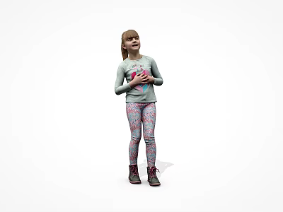 Young Woman In Grey Long Sleeve Top With Colorful Leggings Holding Pink Toy 3d model