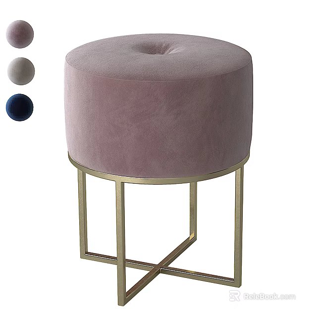 Modern Pink Velvet Ottoman Stool with Gold Metal Frame and Multiple Color Options 3d model 