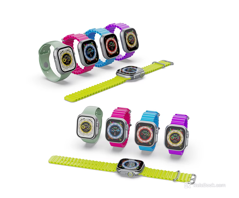 Colorful Smartwatch Collection Featuring Various Colored Straps And Modern Dial Designs 3d model 