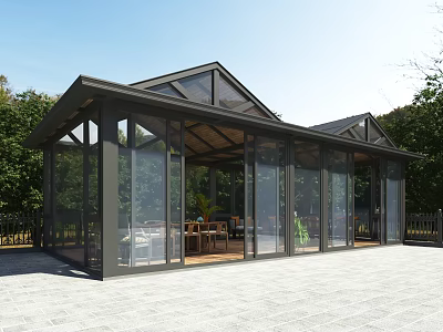 Glass Restaurant Structure With Sloped Roof Large Glass Windows Outdoor Dining Tables Surrounded by Trees 3d model