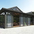 Glass Restaurant Structure With Sloped Roof Large Glass Windows Outdoor Dining Tables Surrounded by Trees