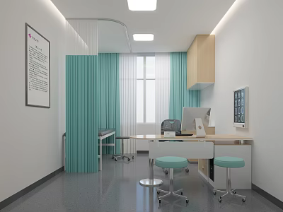 Modern Medical Consultation Room Interior With Turquoise Curtains Wooden Cabinets And Computer 3d model