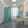 Modern Medical Consultation Room Interior With Turquoise Curtains Wooden Cabinets And Computer