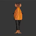 Woman In Orange Blazer And Black Pants Front And Back View On Gray Background